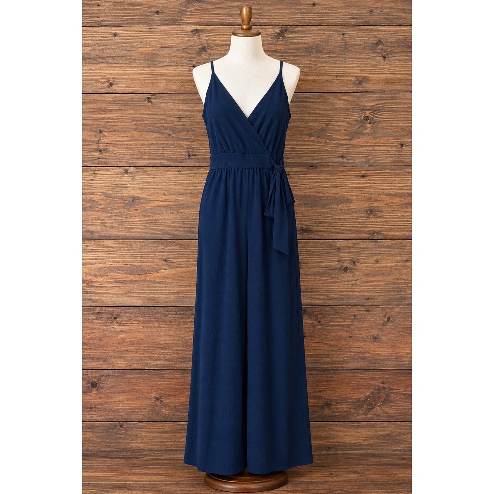 Gilli Wide Leg Jumpsuit Womens L Navy Blue V-Neck Wrap Front Quiet Luxury Flowy